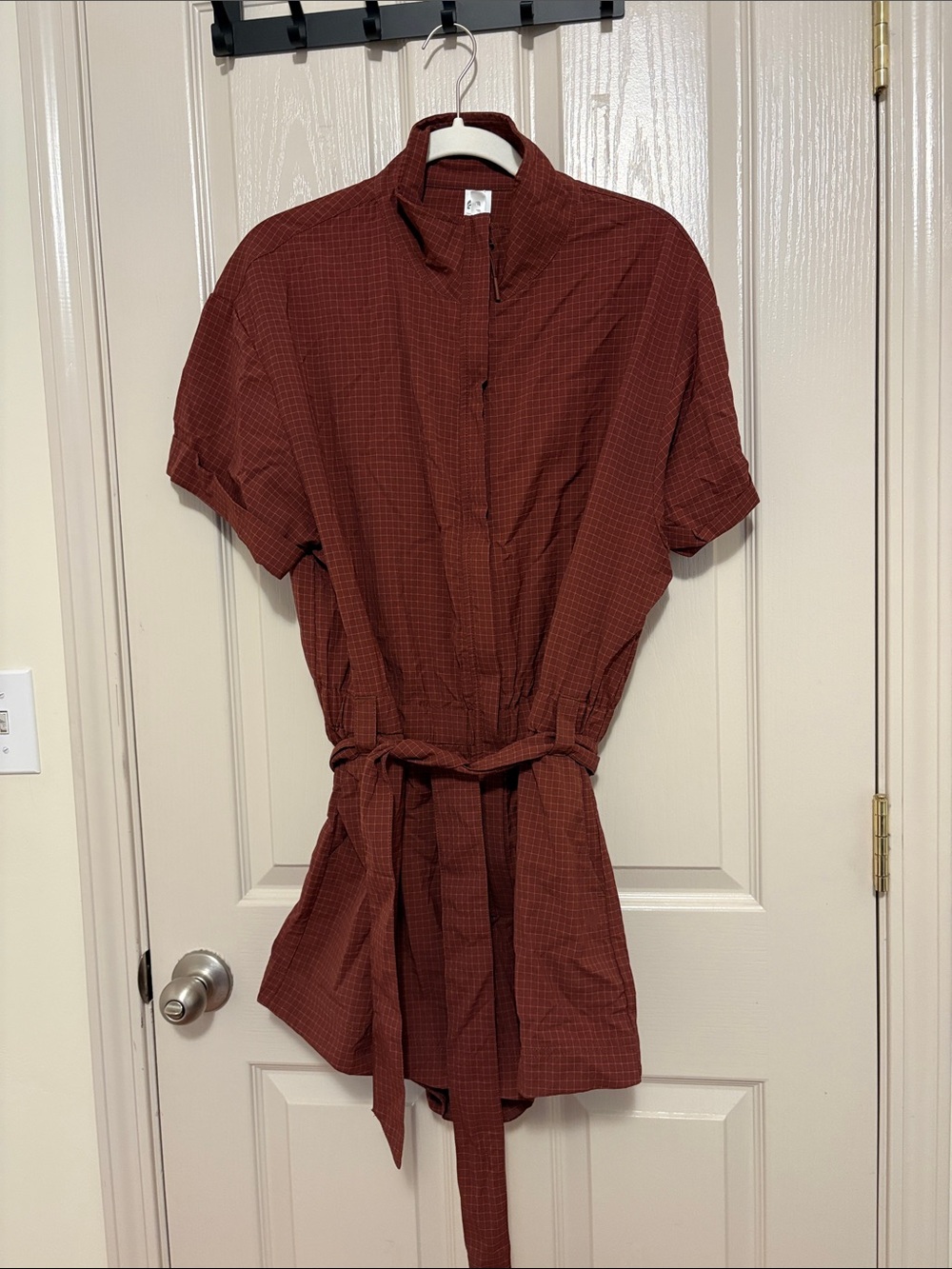 Fabletics Rust Checkered Belted Shirt Romper